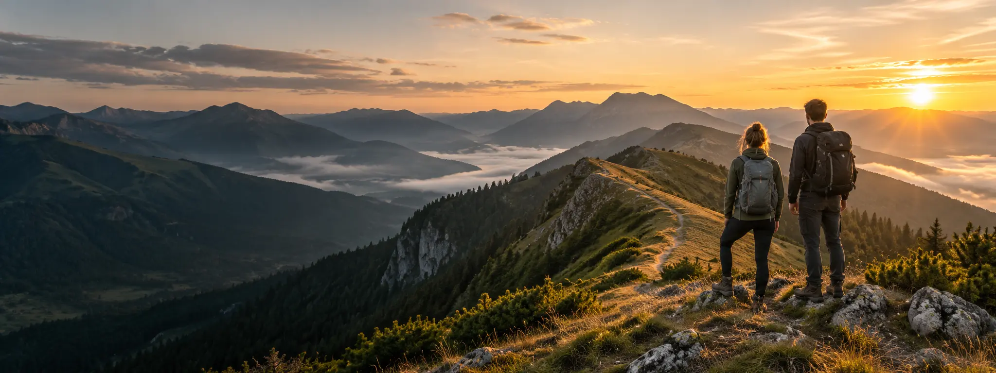 Dvojice turistů na horském hřebeni při západu slunce